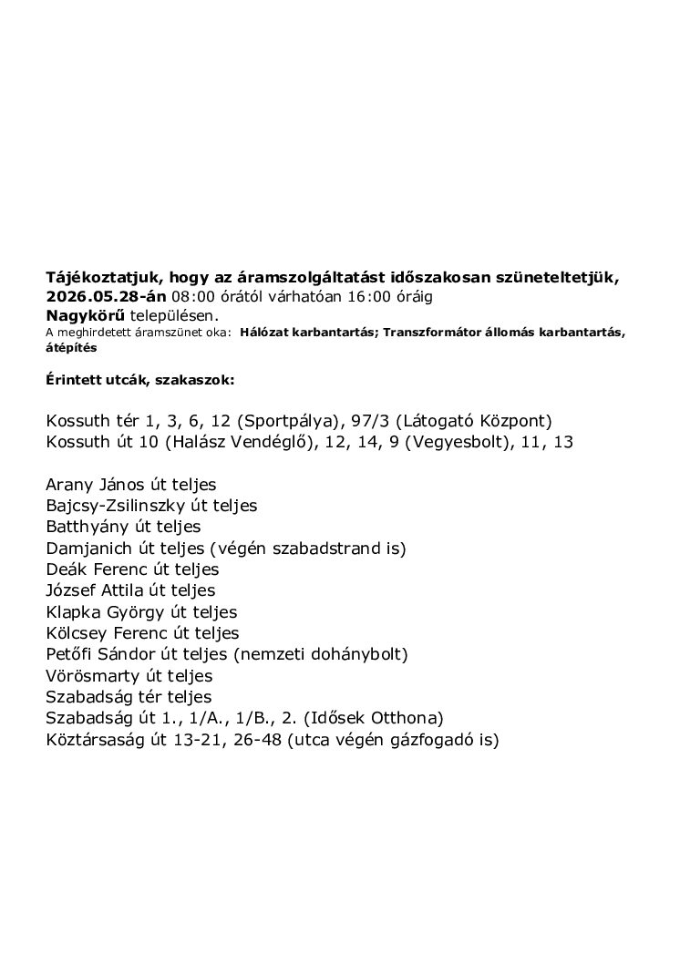 Áramszünet értesítő