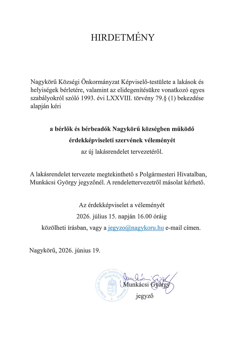 Hirdetmény lakásrendelet tervezetéről